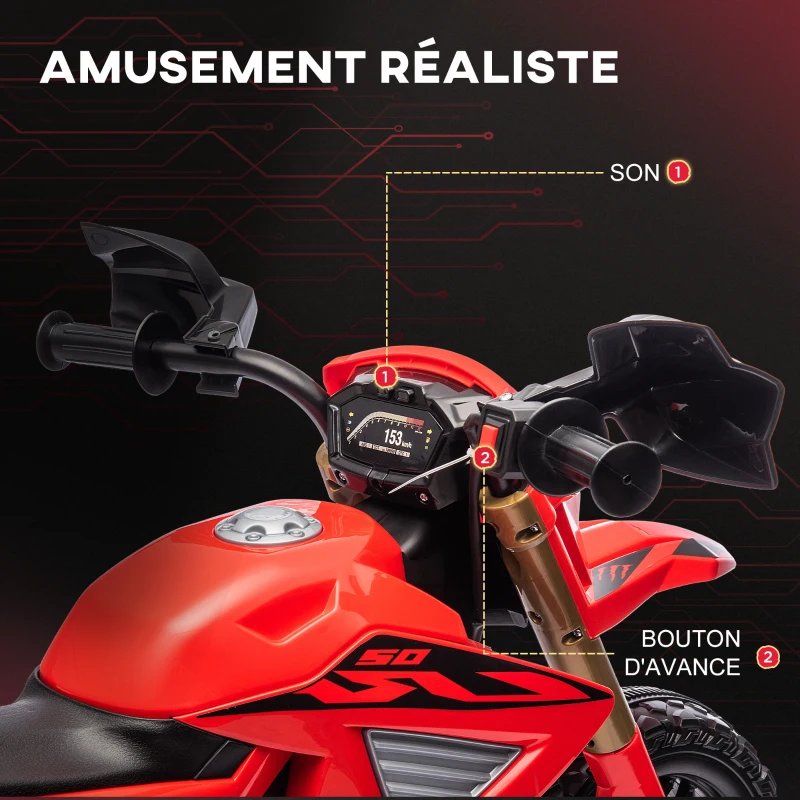 AIYAPLAY Moto cross électrique pour enfants 3-8 ans, batterie 6 V, 2 moteurs, klaxon et roues d'entraînement, charge 30KG, rouge(m-6)
