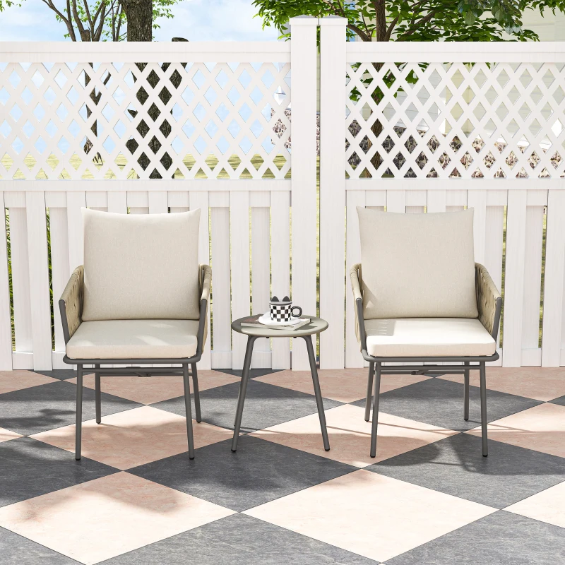 Outsunny Conjunto de Jardim de 3 Peças com 2 Cadeiras com Almofadas Removíveis e Laváveis e Mesa com Bancada de Metal Cinza e Creme