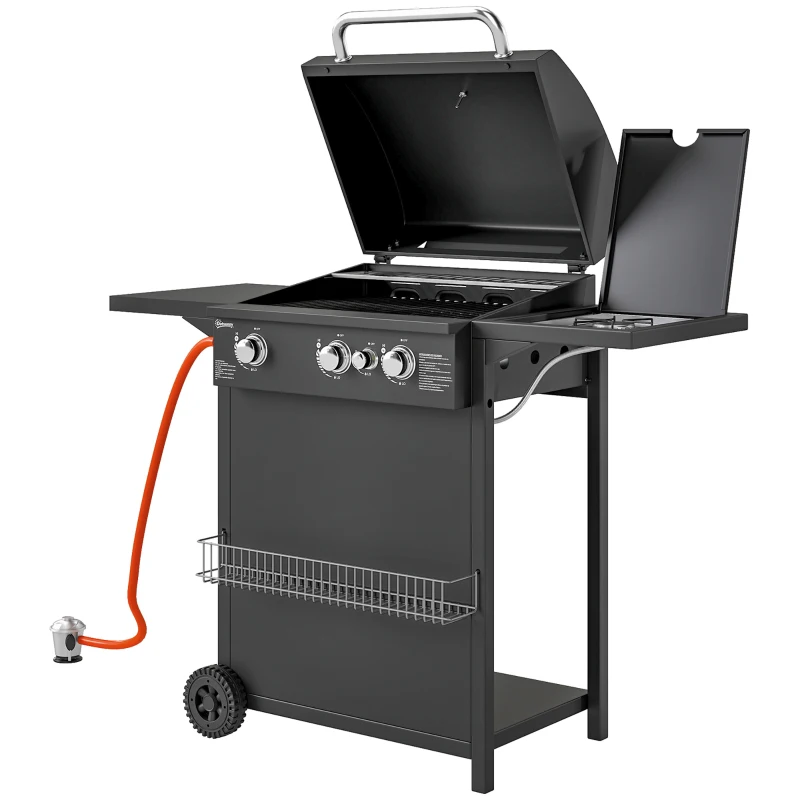 Outsunny Barbecue a Gás com 3+1 Queimadores 8,5 kW Termómetro Mesa Lateral Grelha Recolhedor de Gordura 2 Rodas 123x57x98 cm Preto