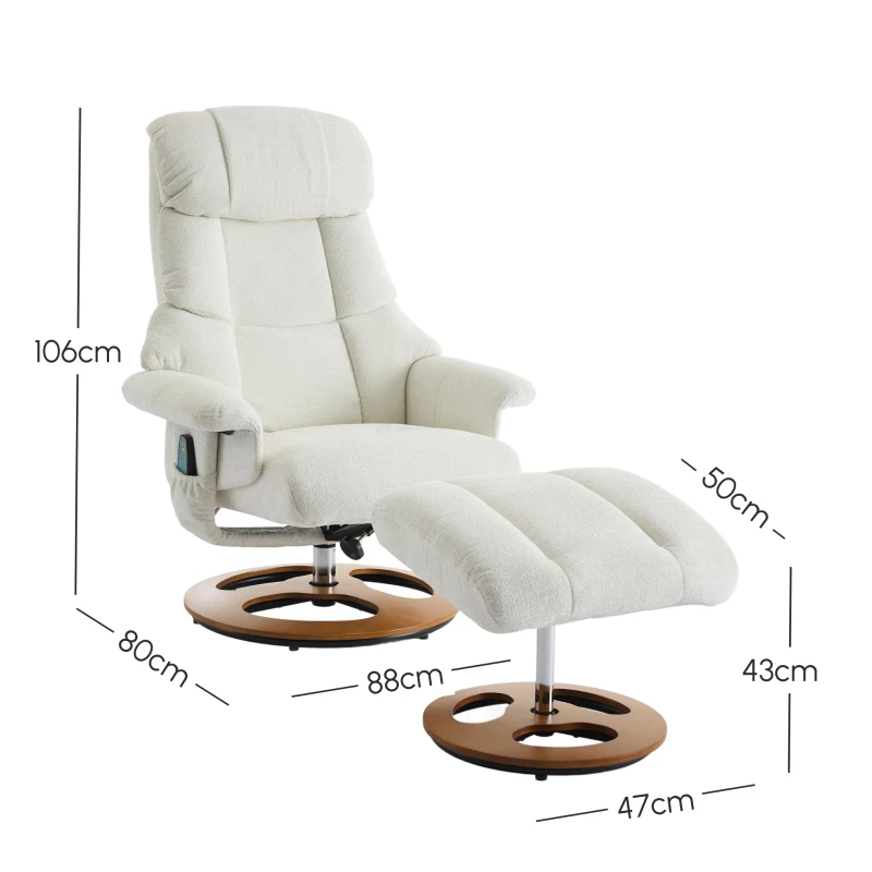 Chenille Upholstered Massage Recliner with Ottoman Footstool, 5-Point Massager, Ergonomic Backrest, 88L x 80W x 106H cm, White