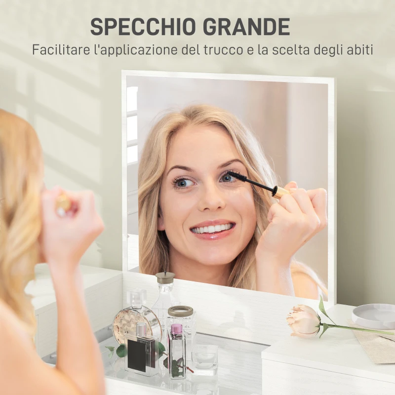 HOMCOM Set Tavolo da Trucco con 3 Cassetti e Specchio con Sgabello da Trucco Portaoggetti, Bianco