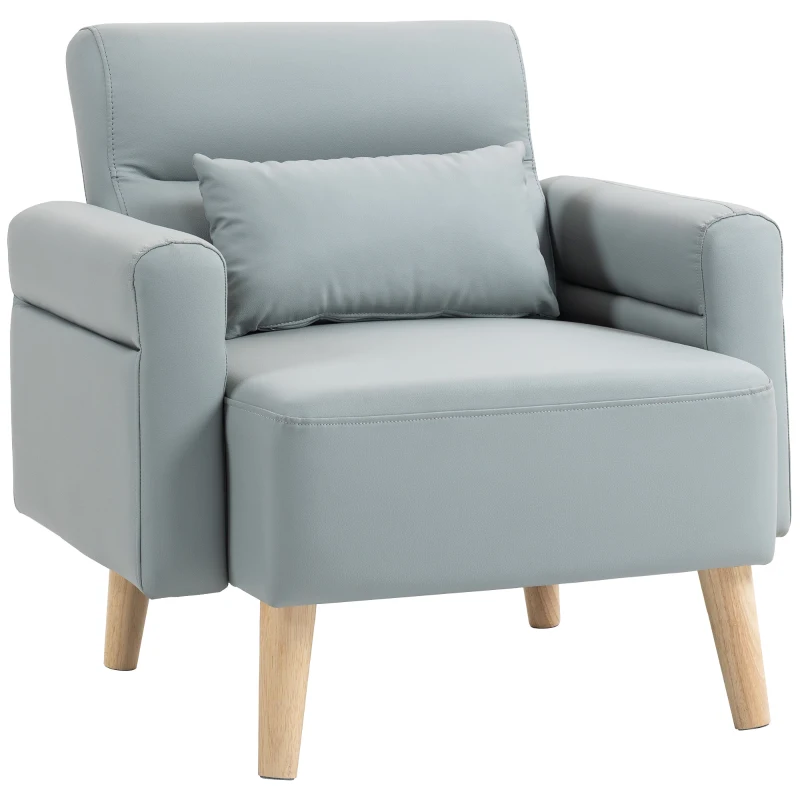 HOMCOM Poltrona Moderna Estofada em Couro Sintético com Apoios de Braço Acolchoados e Pés em Madeira 77x78x78 cm Cinzento