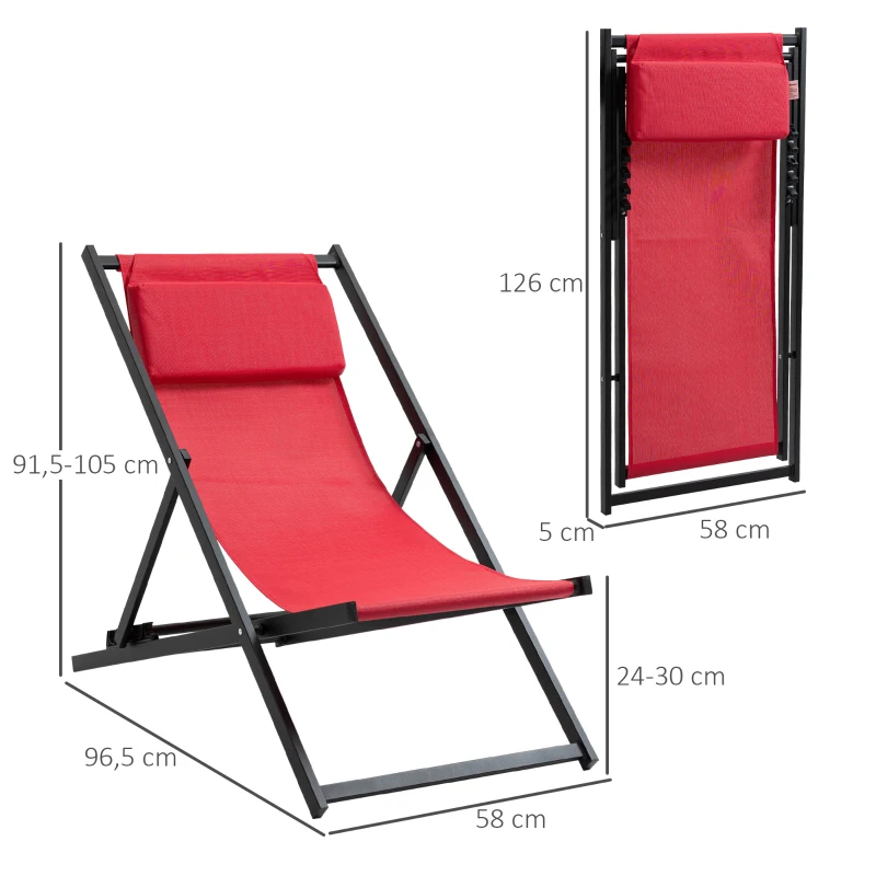 Outsunny Conjunto de 2 Espreguiçadeiras Dobráveis com Encosto Reclinável em 5 Posições e Apoio para a Cabeça Acolchoado 96,5x58x91,5cm Vinho