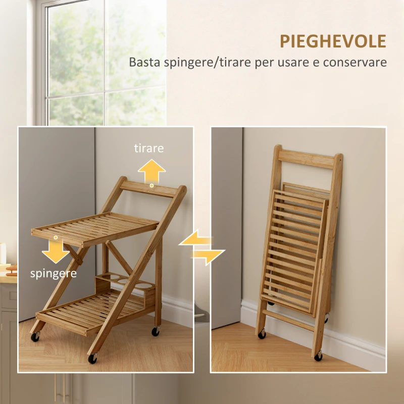 HOMCOM Carrello da Cucina Portavivande Pieghevole a 2 Livelli con Portabottiglie in Legno di Bambù
