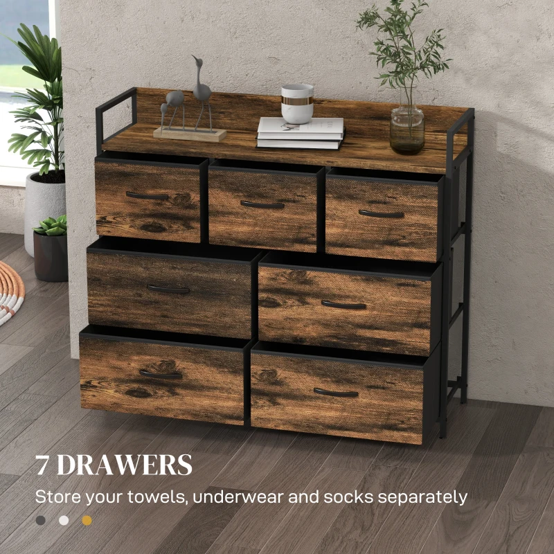 HOMCOM Komoda z 7 Szufladami z Tkaniny, Design Industrialny, Stalowa Rama, 98x29x85cm, Brąz/Czarny