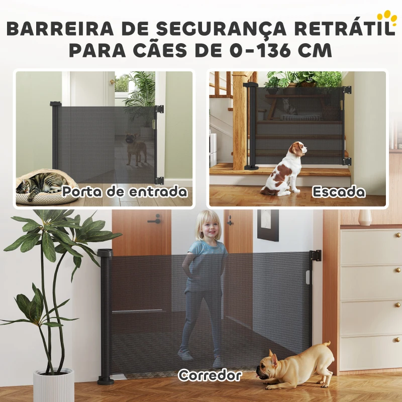 PawHut Barreira de Segurança para Cães Retrátil 0-136 cm  para Cães Pequenos com Botão de Fecho Preto