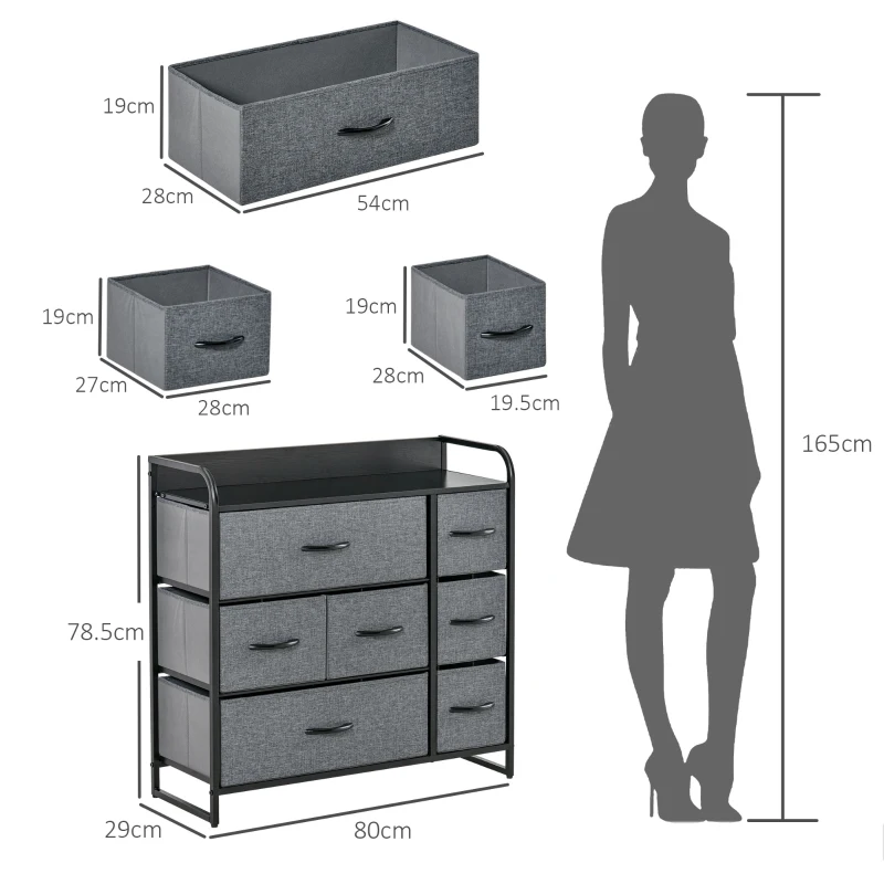 HOMCOM Chest of Drawers with 7 Foldable Drawers, 3-Tier Fabric Bedroom Dresser, Clothes Storage Unit for Bedroom, Living Room, Grey