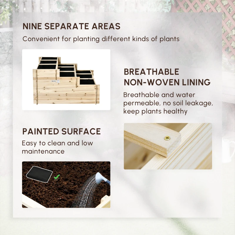 Outsunny Houten Verhoogde Bloembak, 3 Lagen, Voering van Vliesstof, Gelakt Natuurlijk Hout, 117 x 100 x 54 cm