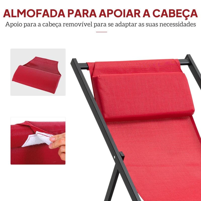 Outsunny Conjunto de 2 Espreguiçadeiras Dobráveis com Encosto Reclinável em 5 Posições e Apoio para a Cabeça Acolchoado 96,5x58x91,5cm Vinho
