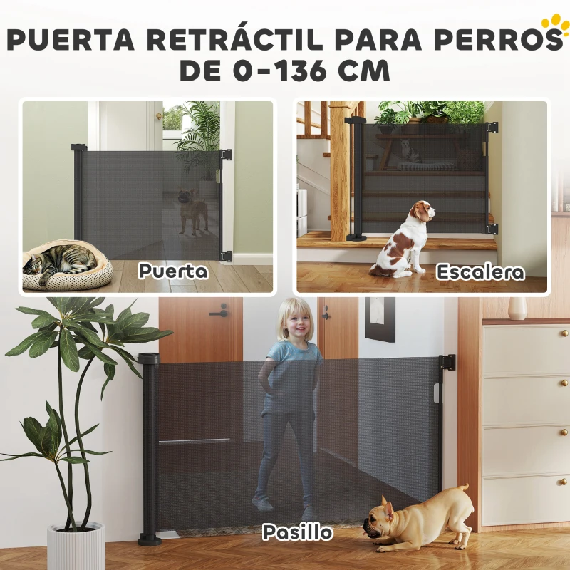 PawHut Barrera de Seguridad para Perros Retráctil con Interruptor de Cierre para Puertas Escaleras Pasillos 142x10x87 cm Negro