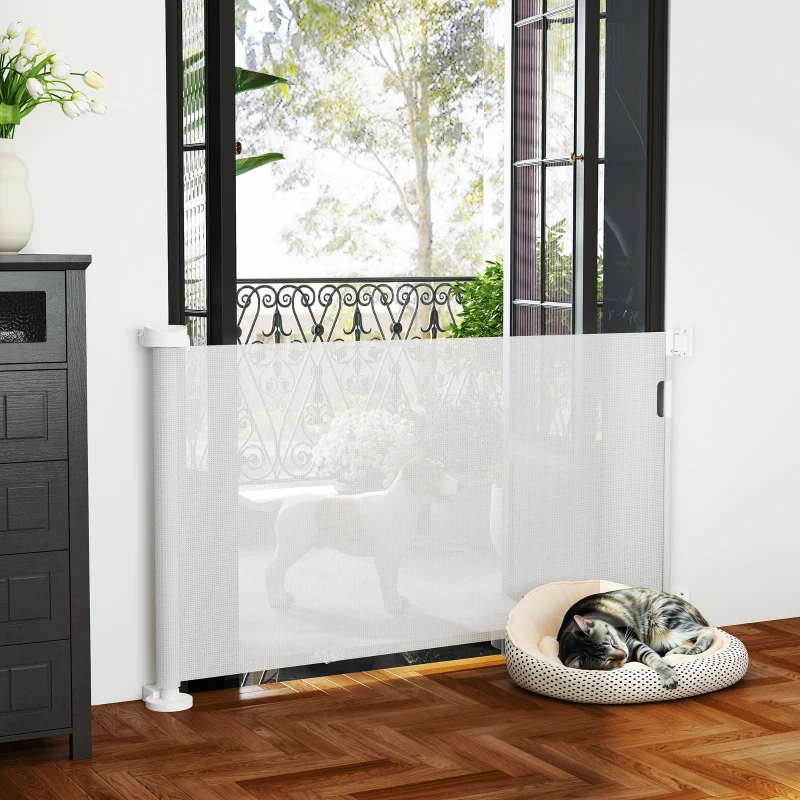 PawHut Barrera de Seguridad para Perros Retráctil con Interruptor de Cierre para Puertas Escaleras Pasillos 142x10x87 cm Blanco