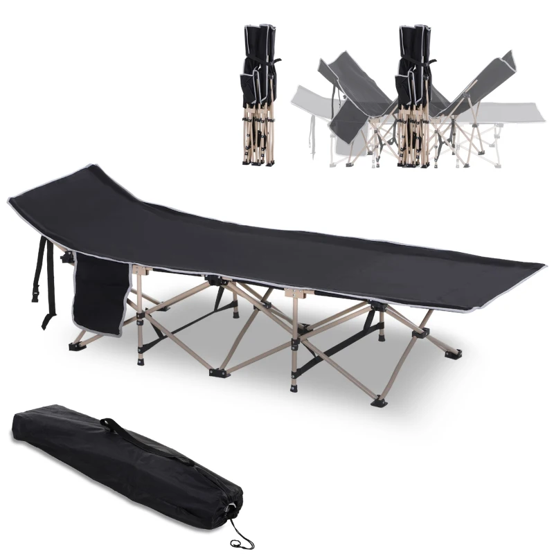 Outsunny Single Person Camping Bed Folding Cot Outdoor Patio Portable Military Sleeping Bed Travel Guest Leisure Fishing with Side Pocket and Carry Bag - Black