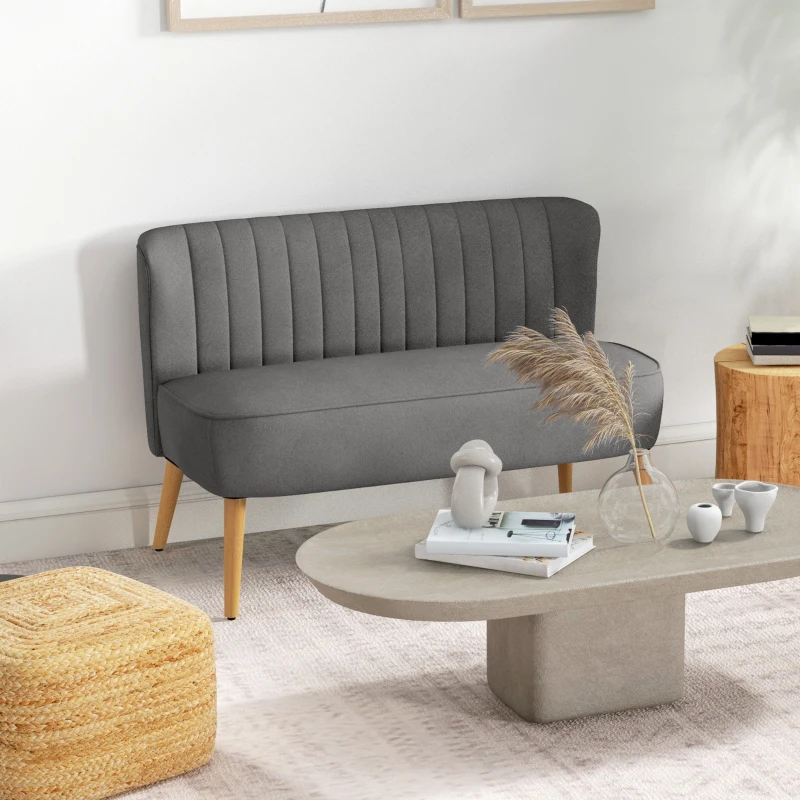 HOMCOM Sofa Retrodesign 2-zitsbank, houten poten, 117 cm x 56,5 cm x 77 cm, Donkergrijs(m-3)