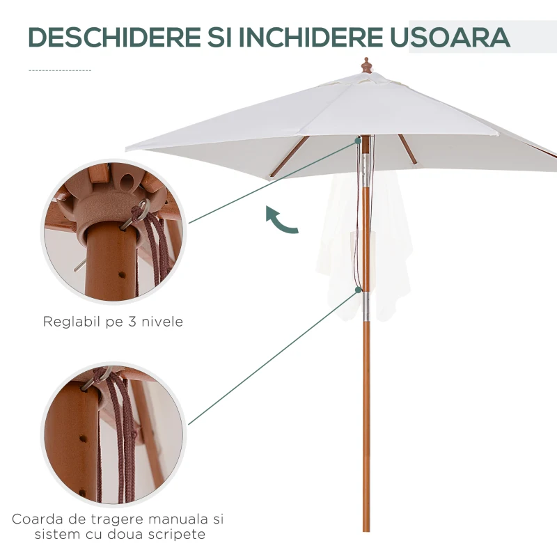 Outsunny Umbrela de Gradina care se Inclina 2x1.5m, 6 Lamele si Catarg din Lemn