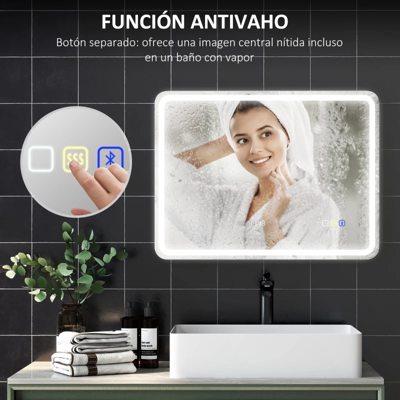 HOMCOM Espejo de Baño con Luz LED 80x60 cm con Bluetooth 3 Colores de Luz Reloj Digital Función Antivaho Función de Memoria
