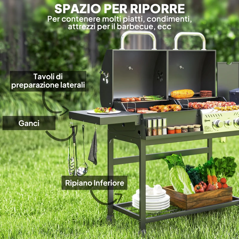 Outsunny Barbecue a Carbone e Gas con 3 Bruciatori e Coperchio, Termometro, Ruote e Ripiani, Nero