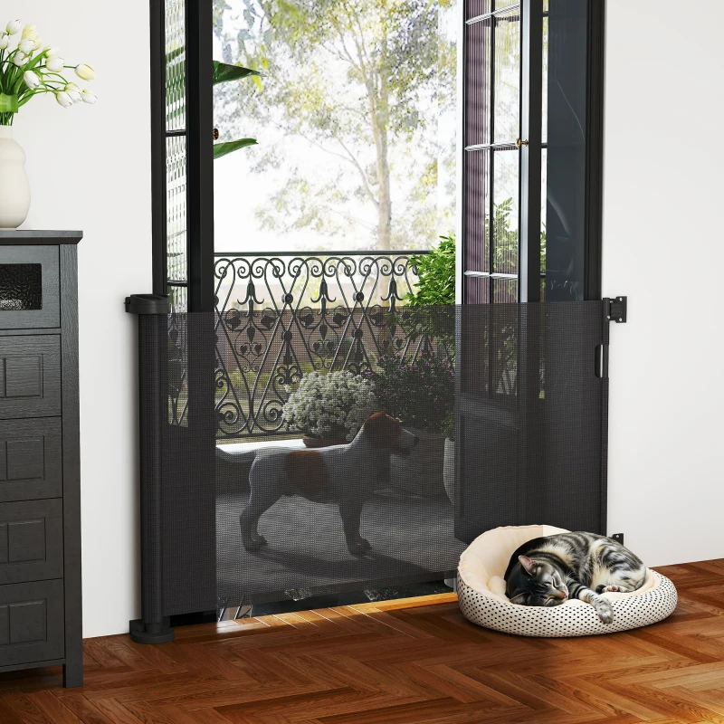 PawHut Barrera de Seguridad para Perros Retráctil con Interruptor de Cierre para Puertas Escaleras Pasillos 142x10x87 cm Negro