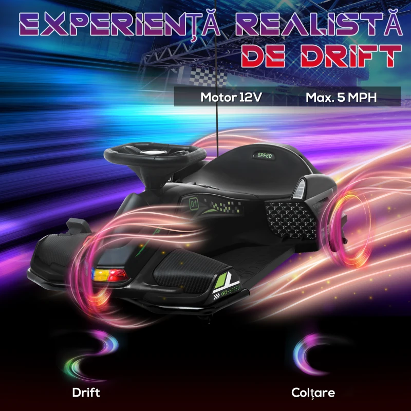 HOMCOM Go-Kart Electric pentru Copii cu Pedale, Pornire Lentă, Lumini, Muzică și Centură, 90x53x99 cm, Negru(m-4)