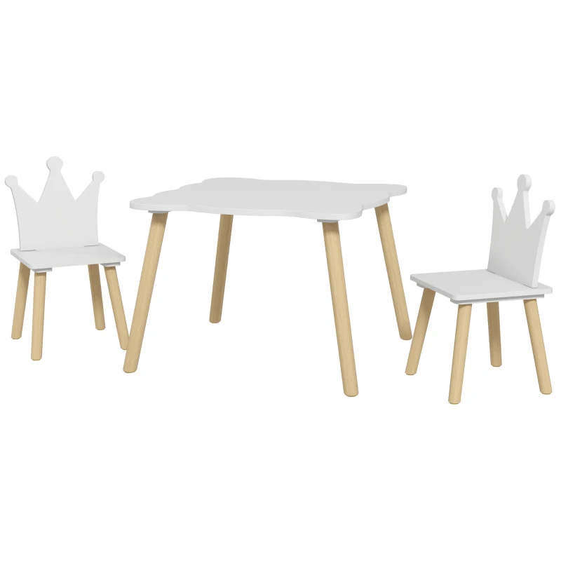 AIYAPLAY Conjunto Infantil de Mesa y 2 Sillas con Respaldo en Forma de Corona para Lectura y Dibujo 60x60x44 cm Blanco y Madera
