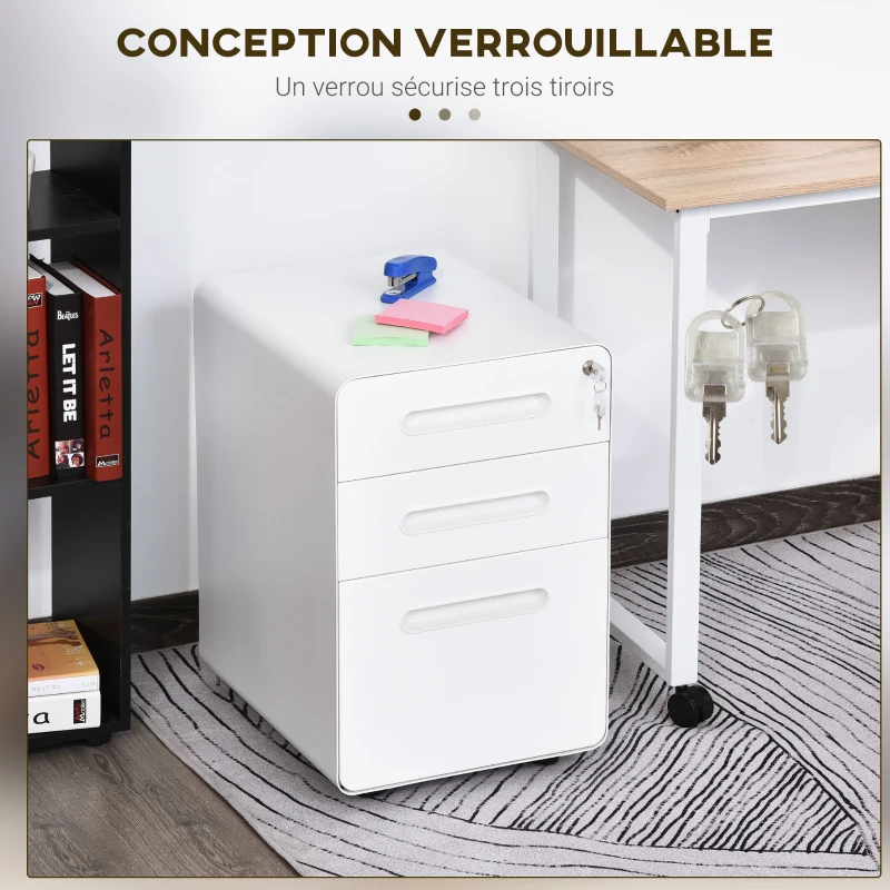 Vinsetto Caisson bureau mobile verrouillable avec 3 tiroirs pour format A4, lettre, légal, 39 x 48 x 59 cm, blanc