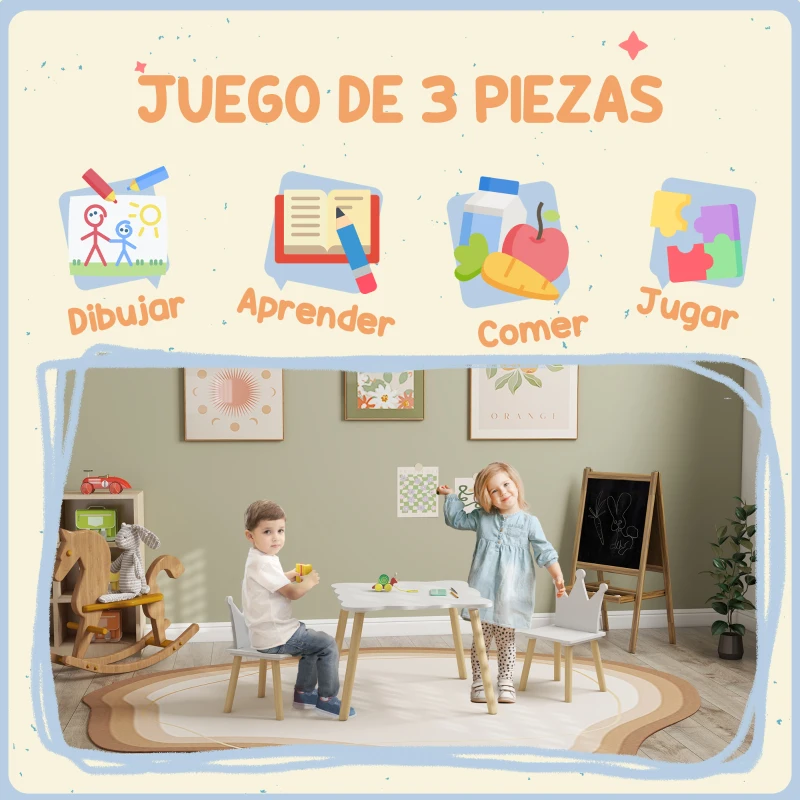 AIYAPLAY Conjunto Infantil de Mesa y 2 Sillas con Respaldo en Forma de Corona para Lectura y Dibujo 60x60x44 cm Blanco y Madera