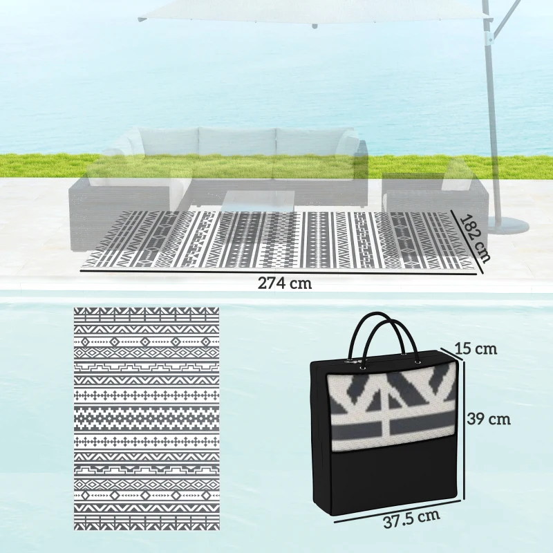 Outsunny Covor Reversibil de Exterior Impermeabil, din Paie de Plastic, 182x274 cm, Gri Închis și Alb