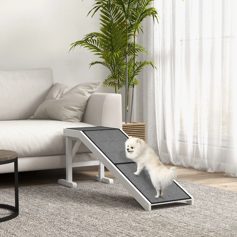 PawHut Rampa para Cães de Madeira com Tapete Antiderrapante para Cães Pequenos Médios e Grandes 152x40x50 cm Branco e Cinzento