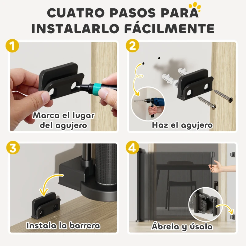 PawHut Barrera de Seguridad para Perros Retráctil con Interruptor de Cierre para Puertas Escaleras Pasillos 142x10x87 cm Negro