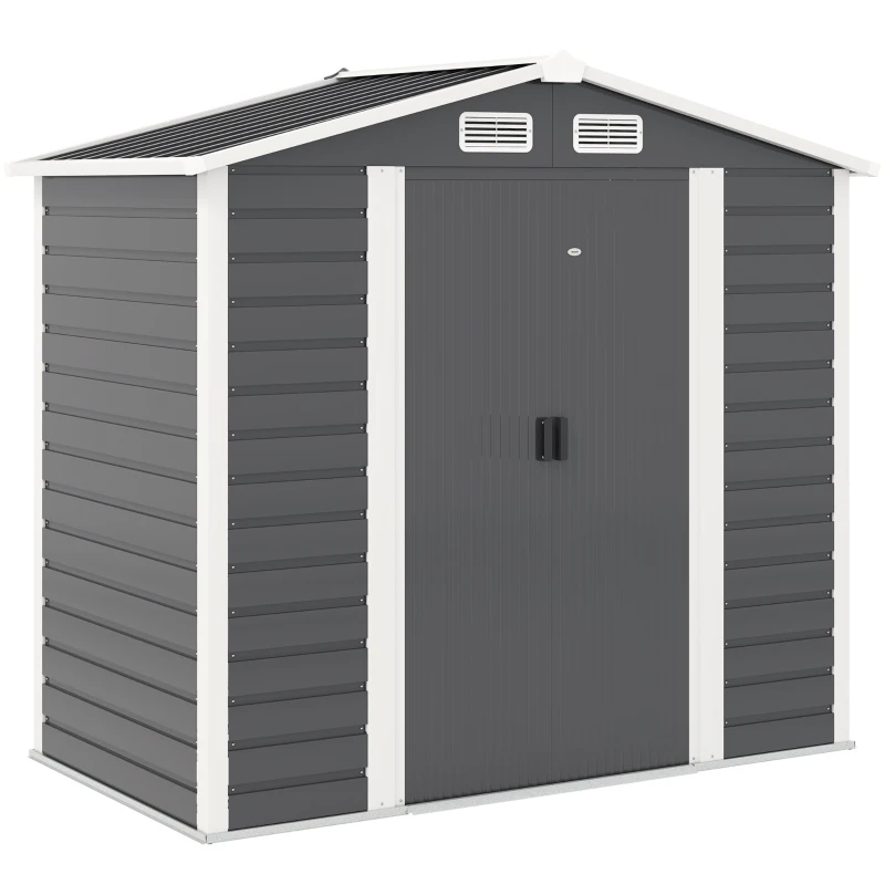 Outsunny Magazie de Grădină din Tablă de Oțel cu 4 Orificii de Ventilație și 2 Uși Glisante, 213x120x194 cm, Gri Închis