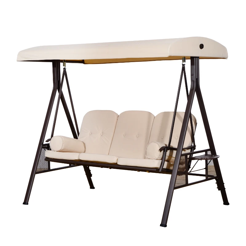 Outsunny Banco Baloiço de Jardim de 3 Lugares com Teto 2 Almofadas Suporte para Bebidas e Estrutura de Metal para Terraço Balcão Exterior Carga Máxima 360kg 207x120,5x174cm Bege