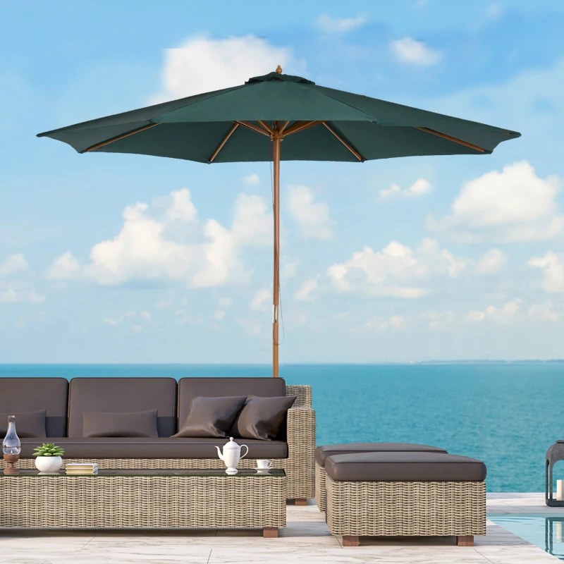 Outsunny Umbrelă de Grădină cu Deschidere cu Șnur, Stâlp din Lemn și Înveliș din Poliester, Ø300x250 cm, Verde Închis