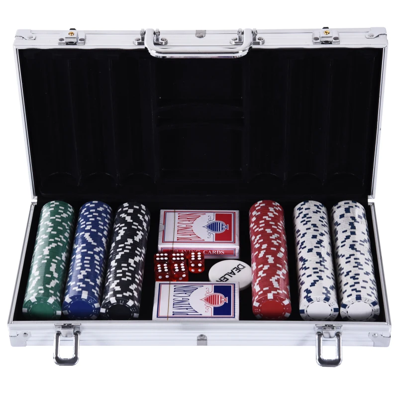 HOMCOM Mala de Poker Profissional com 300 Fichas Jogo de Poker com Mala de Alumínio 5 Dados 2 Baralhos de Cartas e 1 Ficha de Dealer 38x20,5x6,5cm Multicor