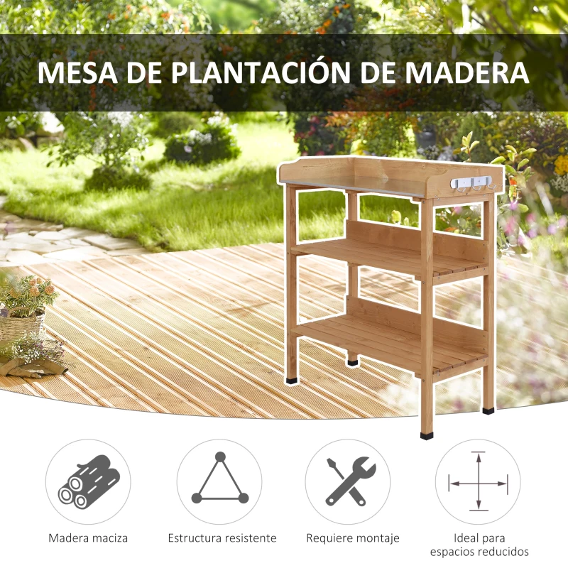 Outsunny Mesa de Jardinería de Madera con Superficie Metálica Estantes y Ganchos para Jardín Terraza 76x37x89 cm Natural