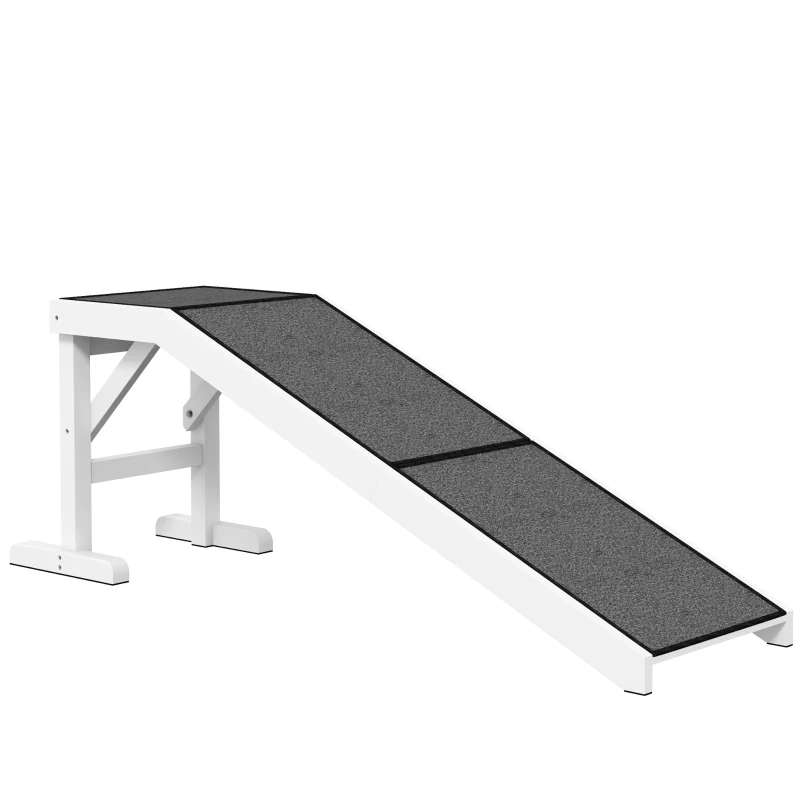PawHut Rampa para Mascotas de Madera con Alfombra Antideslizante para Perros Pequeños o Mayores 152x40x50 cm Blanco y Gris