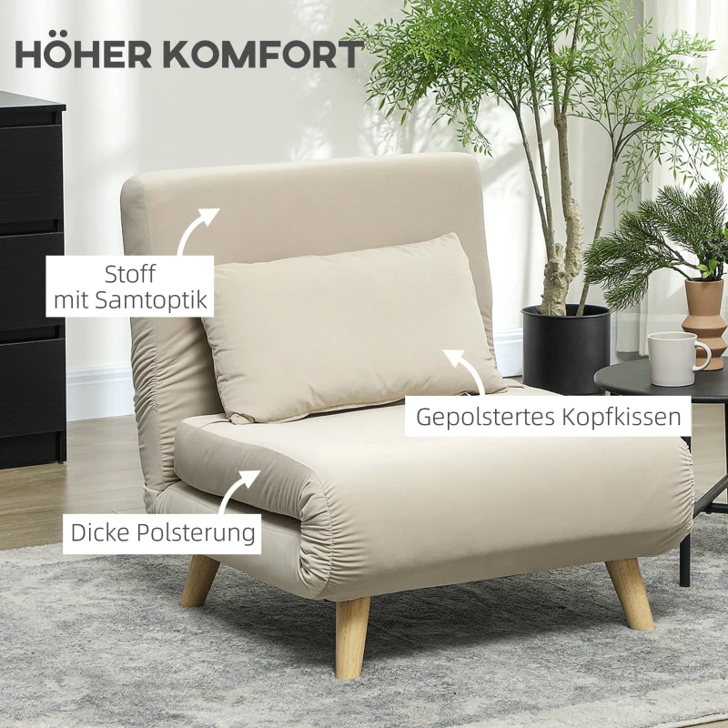 HOMCOM Klappsessel mit Bettfunktion, Klappbarer Relaxsessel in Samtoptik, Verstellbare Lehne, bis 120 kg belastbar, Beige(m-4)