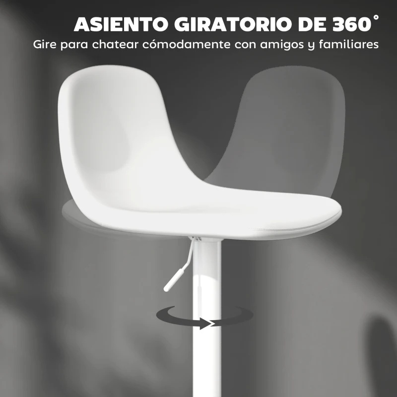 HOMCOM Conjunto 2 Taburetes Altos Ajustables 360° con Respaldo y Reposapiés para Cocina Bar o Comedor 40,5x44x84-104 cm Blanco