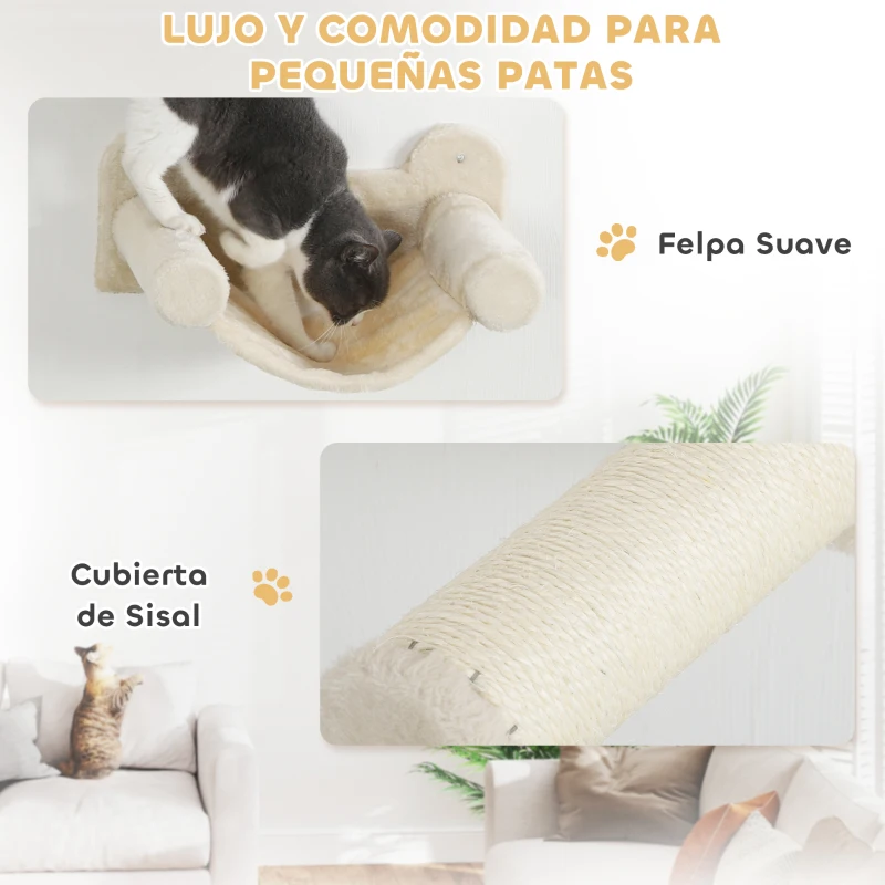 PawHut Juego de Escalada para Gatos de Pared de 6 Piezas con Condominio Plataforma Hamaca Escaleras y Tabla de Rascar Beige