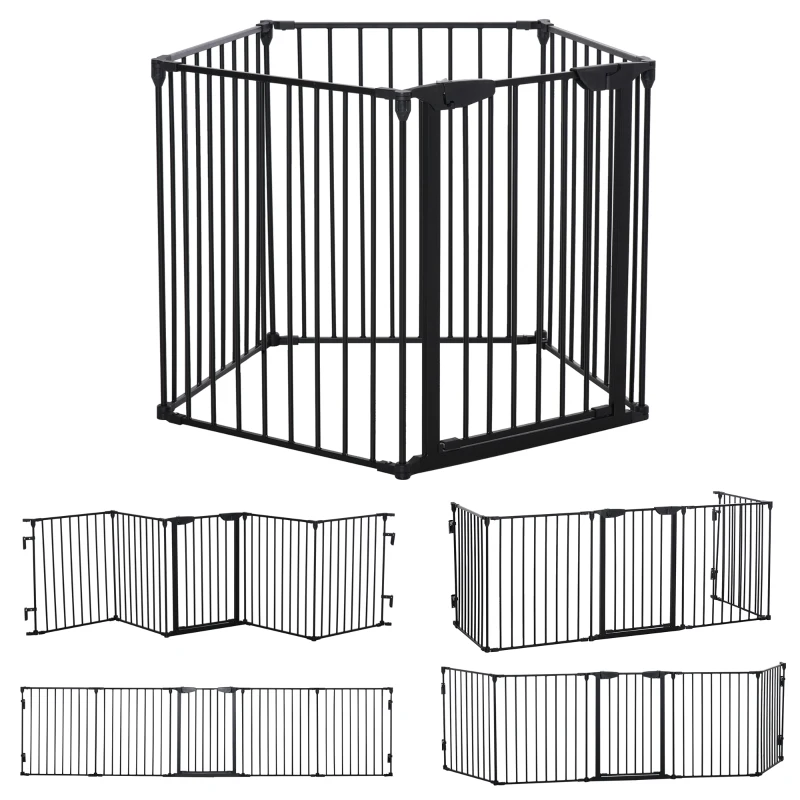 PawHut 2-in-1 Absperrgitter, Haustier-Laufstall, Sicherheitstor, faltbar, Metall, 300 x 3 x 74,5 cm, Schwarz(m-10)