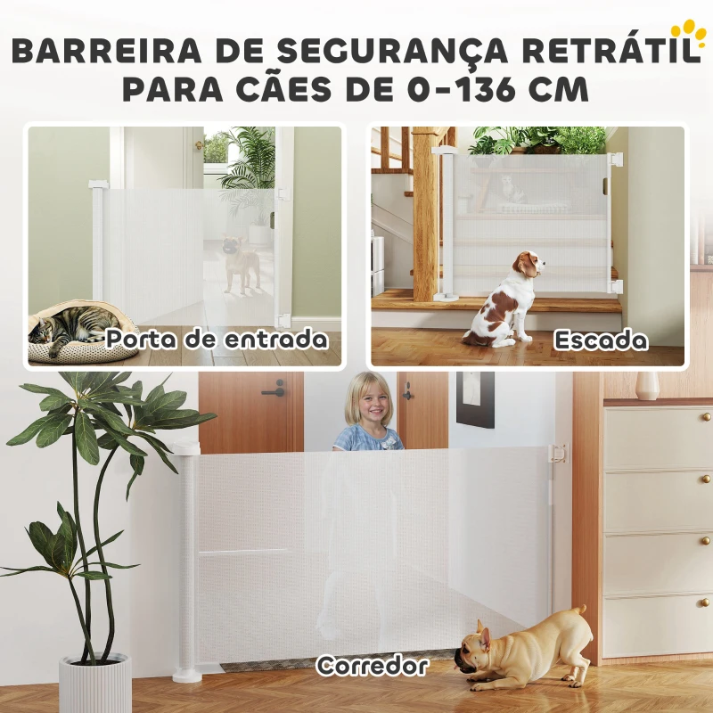 PawHut Barreira de Segurança para Cães Retrátil 0-136 cm  para Cães Pequenos com Botão de Fecho Branco