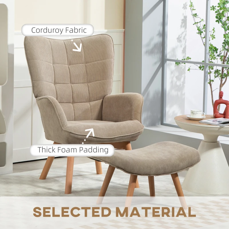 HOMCOM Fotel Akcentowy w Skandynawskim Designie, Fotel z uszami, Zestaw foteli, Drewno bukowe, Wygląd sztruksu, Szary