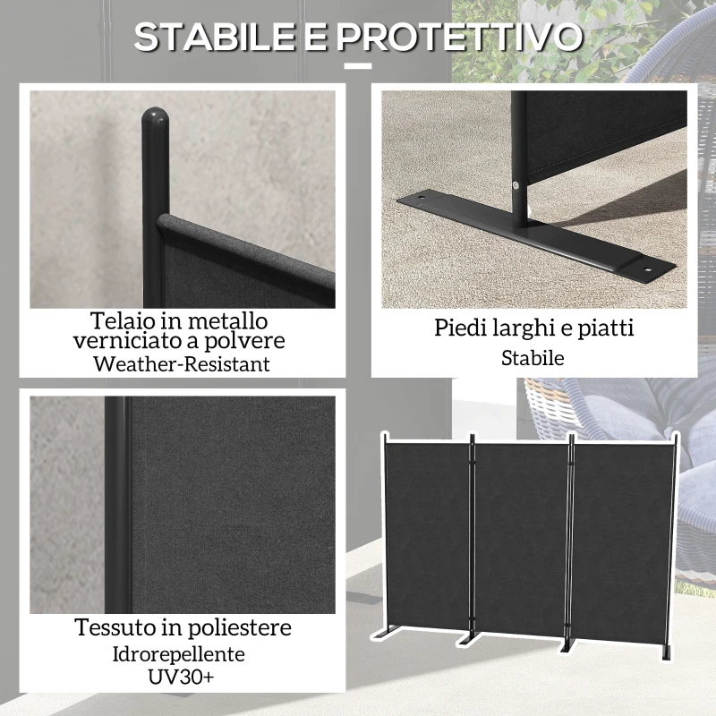 Outsunny Paravento da Esterno a 3 Pannelli Pieghevole e Regolabile, in Poliestere e Metallo, 252x44x176 cm, Grigio Carbone