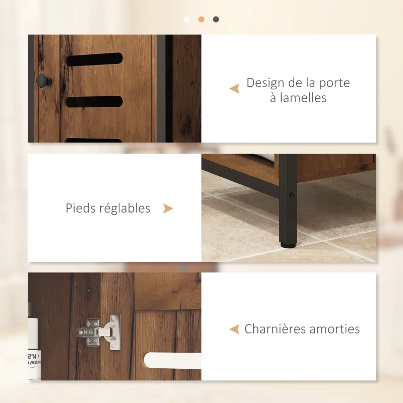 kleankin Meuble colonne de salle de bain industriel 3 étagères ouvertes porte à lamelles étagères réglables marron rustique