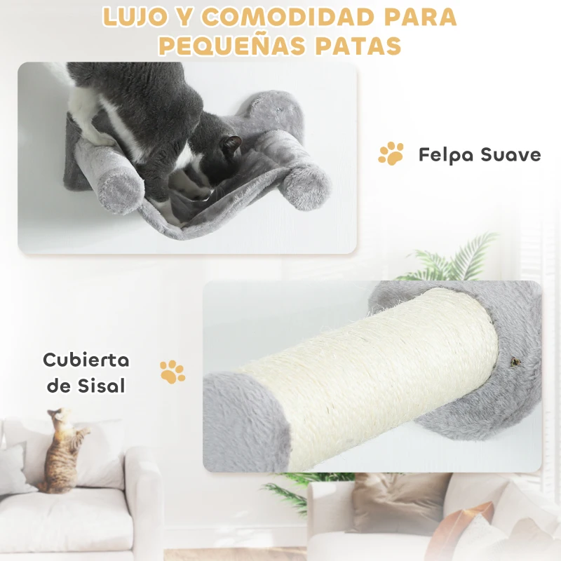 PawHut Juego de Escalada para Gatos de Pared de 6 Piezas con Condominio Plataforma Hamaca Escaleras y Tabla de Rascar Gris