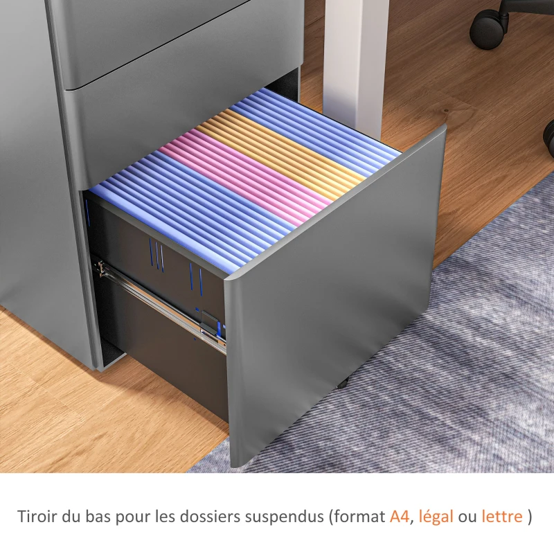 Vinsetto Caisson de bureau rangement bureau sur roulettes 3 tiroirs verrouillables trieur à dossiers 39 x 48 x 59 cm acier gris