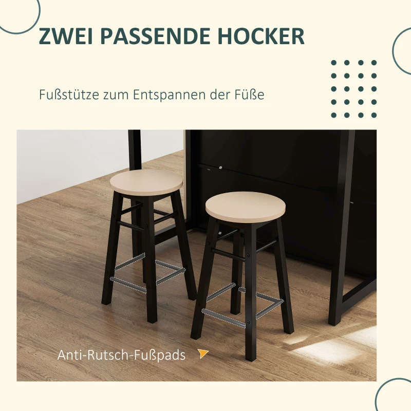 HOMCOM 3-tlg. Barset, Bartisch mit klappbarer Tischplatte, 2 Barhocker, 6 Staufächer, schwarz+Eiche, 116 x 70 x 89,5 cm(m-7)