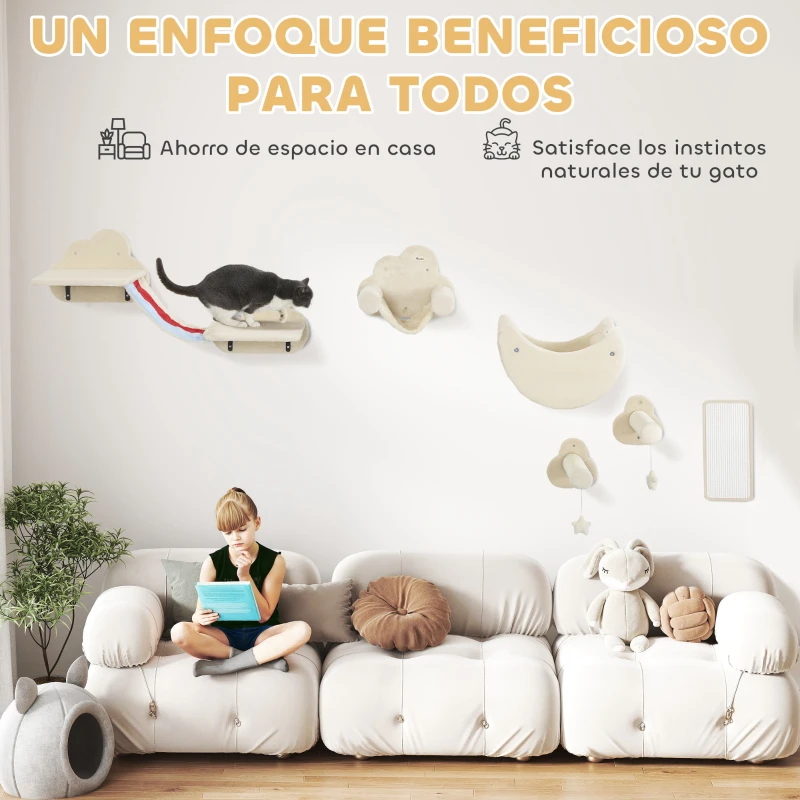 PawHut Juego de Escalada para Gatos de Pared de 6 Piezas con Hamacas Plataformas Tabla Rascador Escaleras y Estrellas Beige