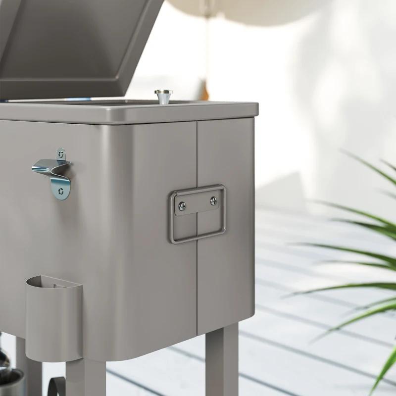 Outsunny Carro Nevera con Ruedas Abrebotellas y Estante 56L para Patio Fiesta Terraza 67x35x80 cm Gris Claro