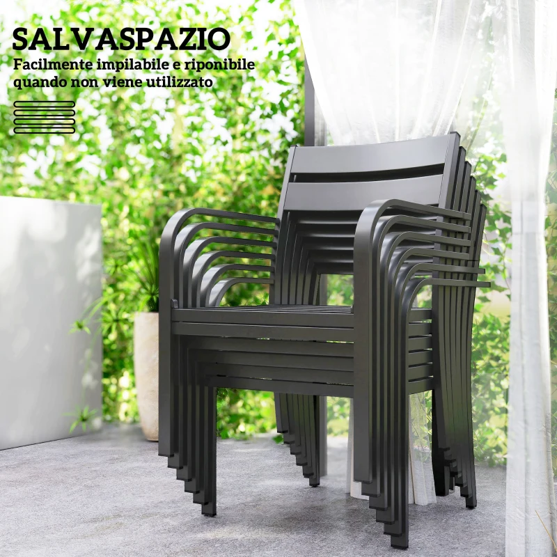 Outsunny Set da Giardino con Tavolo Allungabile e 6 Sedie Impilabili con Cuscini, Grigio