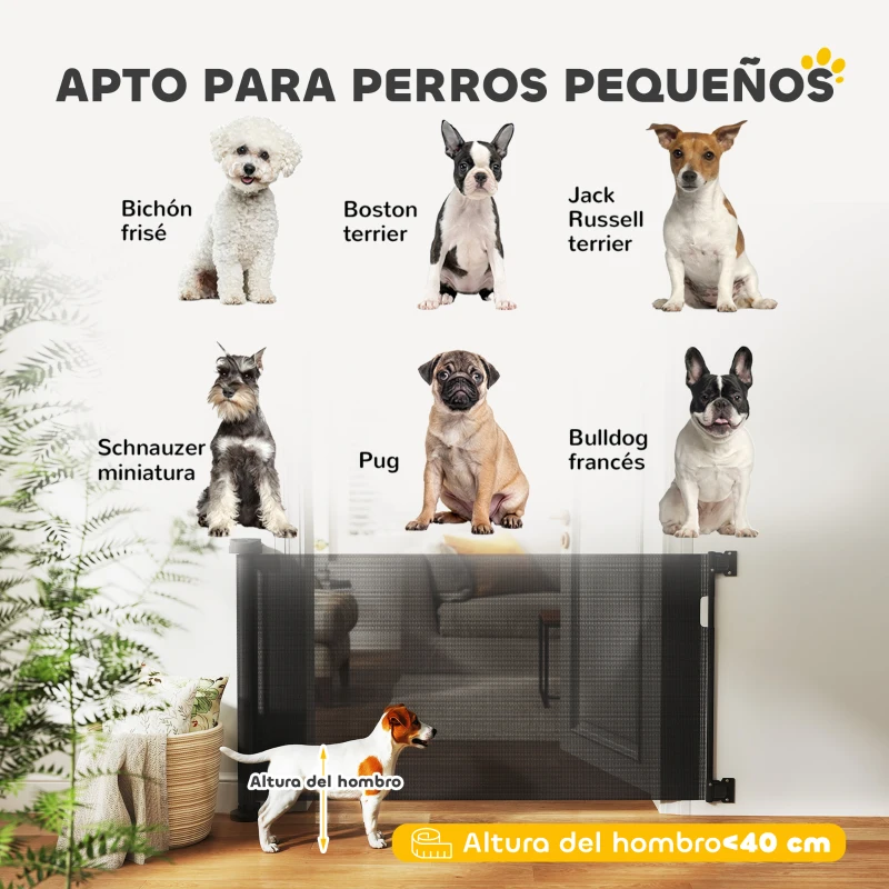 PawHut Barrera de Seguridad para Perros Retráctil con Interruptor de Cierre para Puertas Escaleras Pasillos 142x10x87 cm Negro