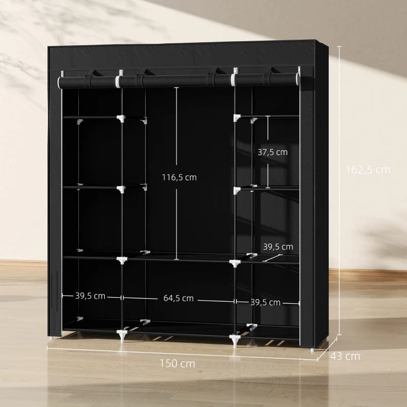 HOMCOM Armoire de rangement penderie en tissu pliable avec barre de suspension et étagères, 150 x 43 x 162,5 cm, noir